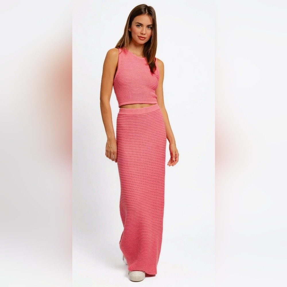 Le Lis Ribbed High-Waisted Sweater Maxi Skirt- In Pink
